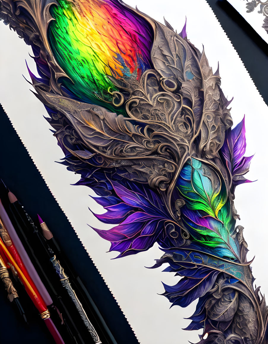 Colorful feather transitioning from red to purple with artist pencils on a table