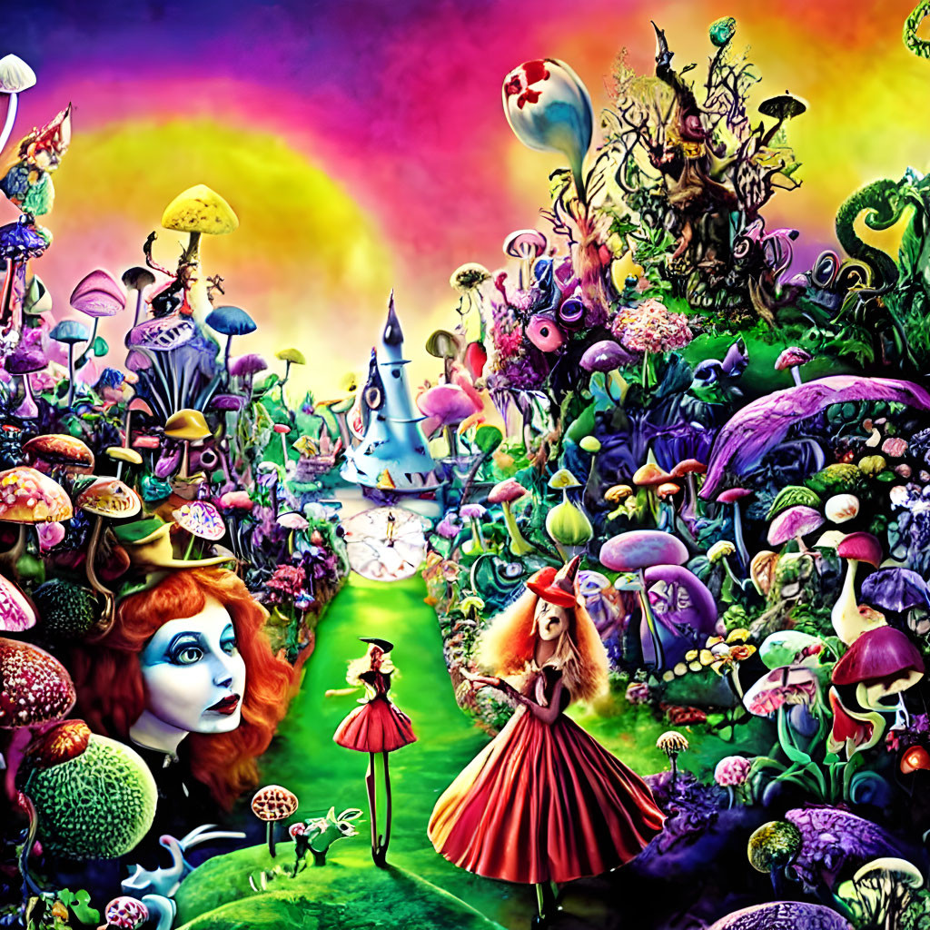 Colorful psychedelic landscape with mushrooms and fantasy creatures