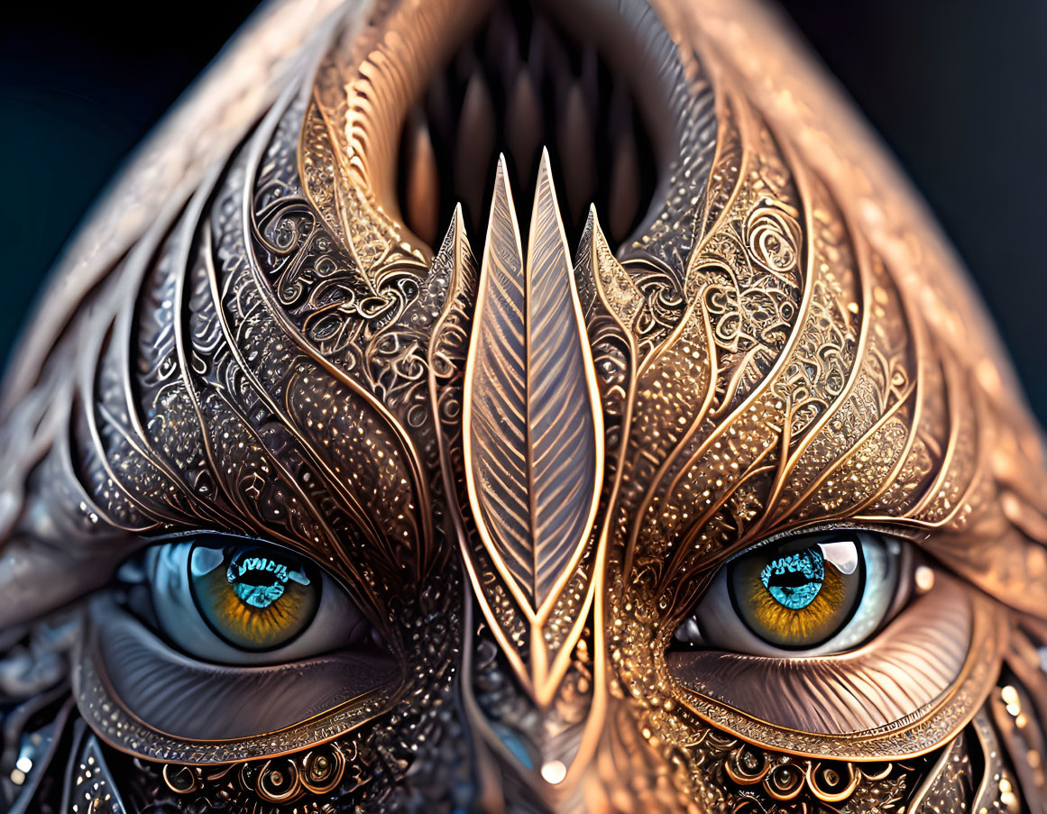 Detailed Digital Art: Metallic Owl Patterns Surrounding Unique Human Eyes