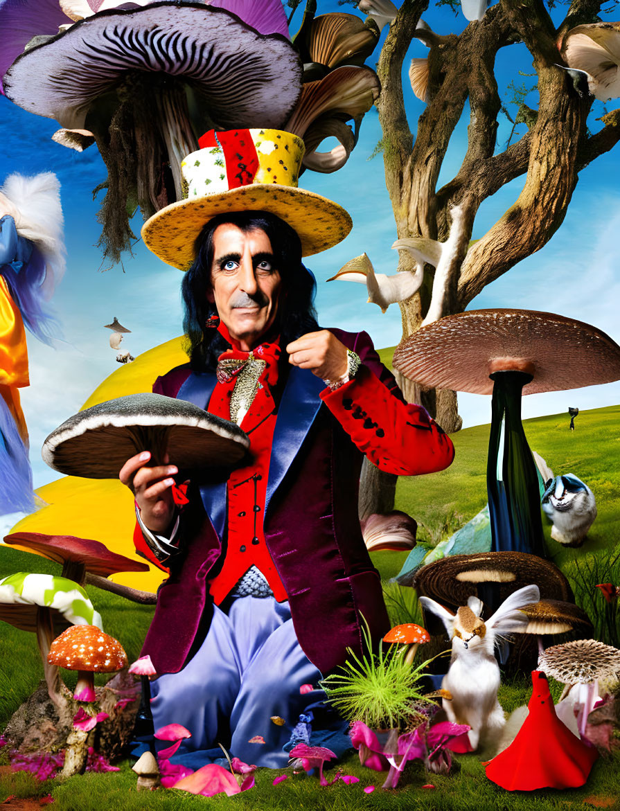 Whimsical Mad Hatter Costume in Fantasy Mushroom Landscape