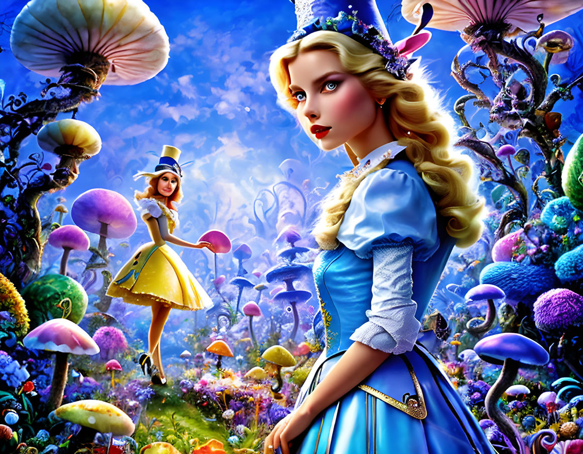 Colorful Alice in Wonderland illustration: Alice in blue dress, yellow character, giant mushrooms in fantasy forest