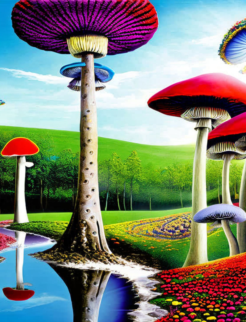 Colorful Oversized Mushroom Art in Fantastical Landscape