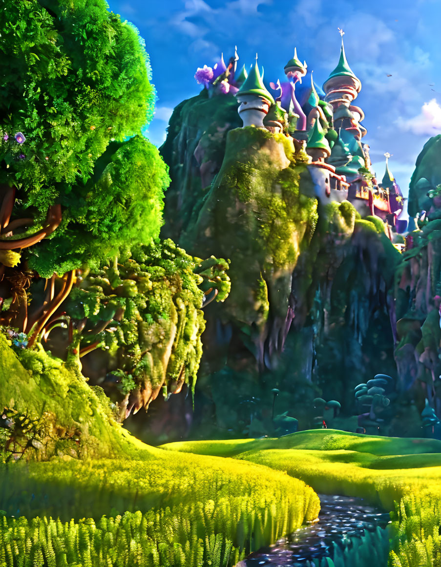 Fantasy landscape with lush greenery and enchanted castle on cliffs