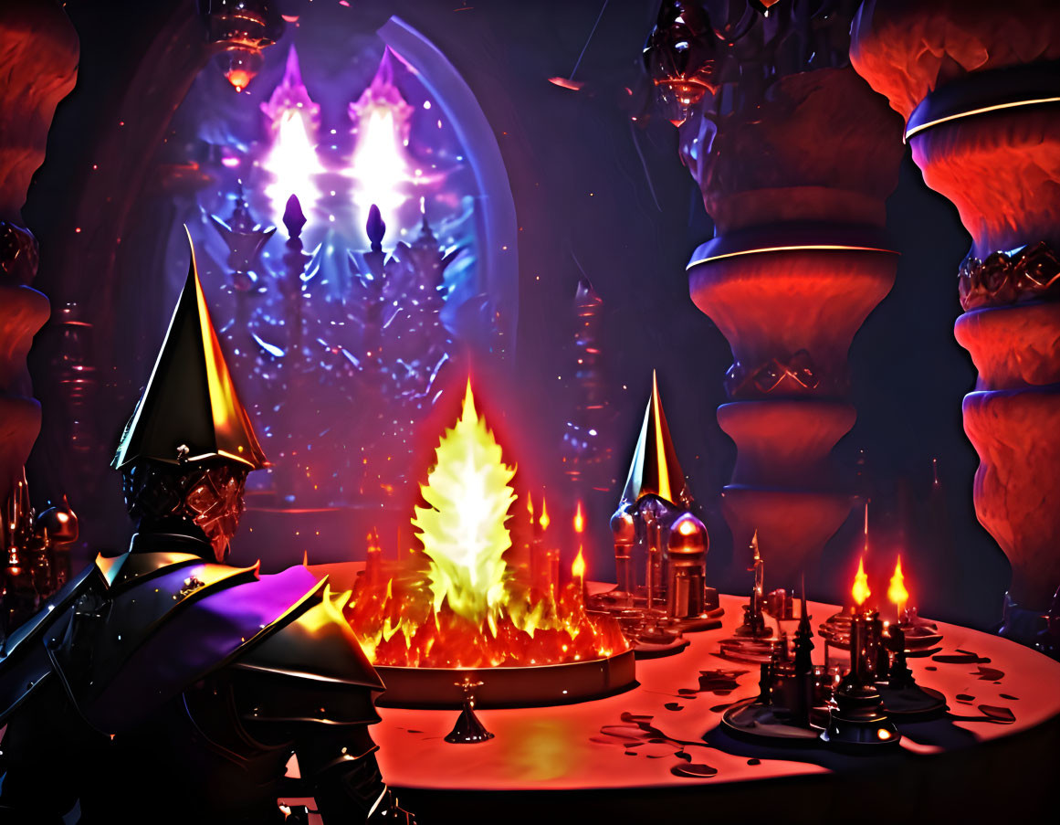 Fantastical illuminated chessboard with mysterious knight and glowing flame in eerie purple setting.