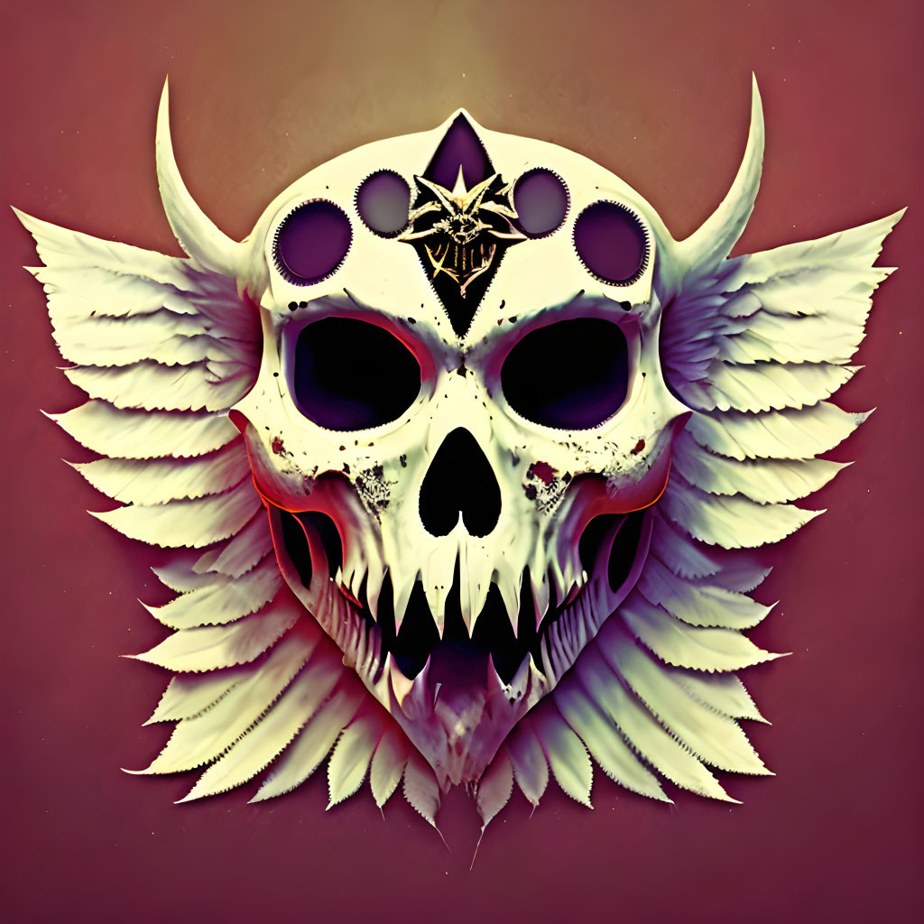 Skull with Horns, Crown Motif, and Wings on Dark Background