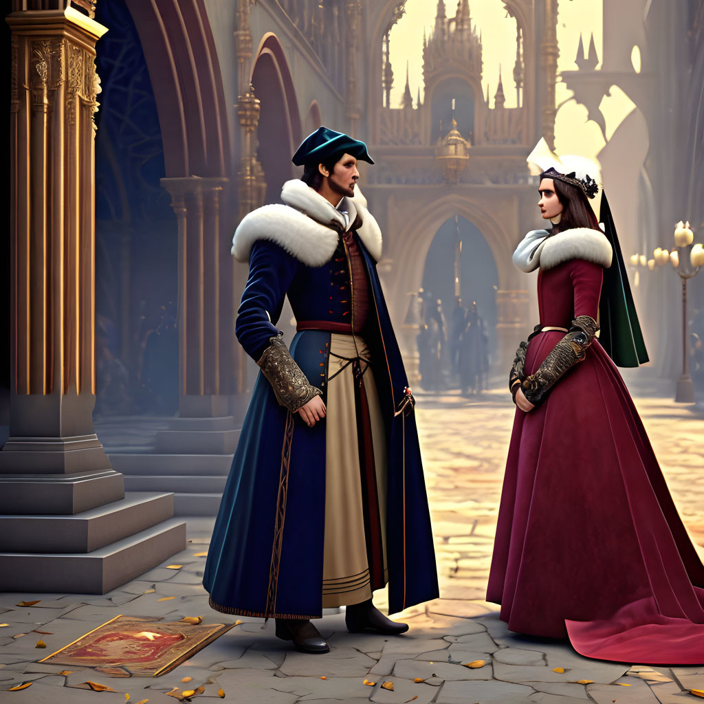 Animated characters in regal attire in ornate castle corridor exchanging glances