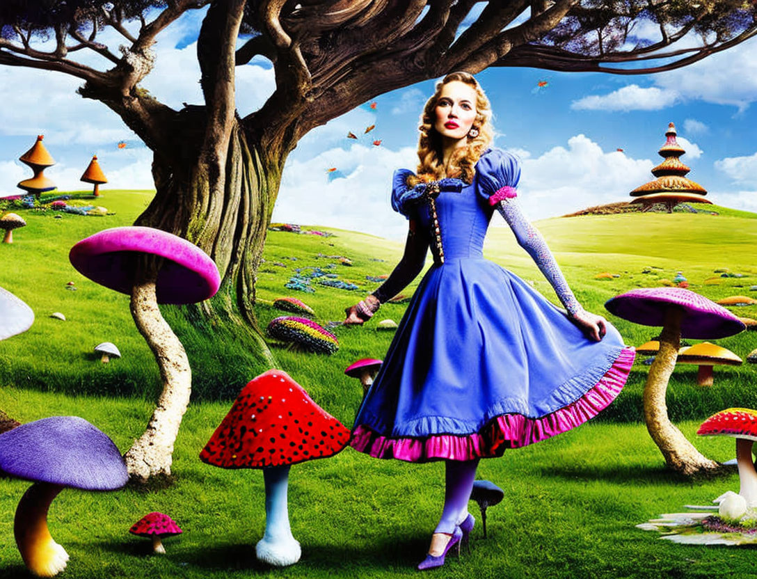 Woman in Alice in Wonderland costume in whimsical fantasy landscape