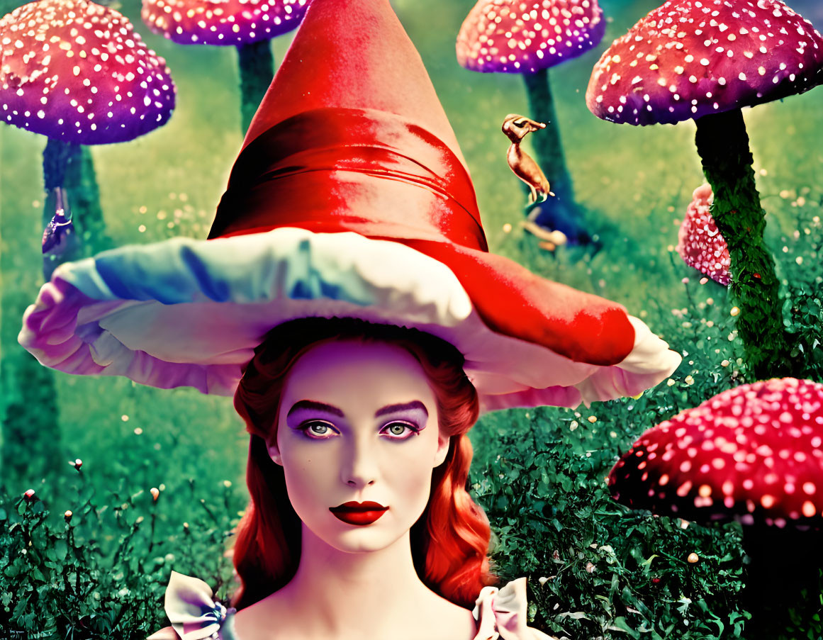 Fantasy scene: Woman in bold makeup with oversized mushrooms & whimsical hat