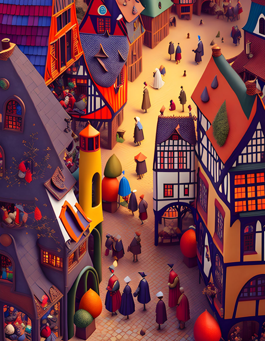 Colorful Medieval Village with Half-Timbered Houses & Cobblestone Marketplace