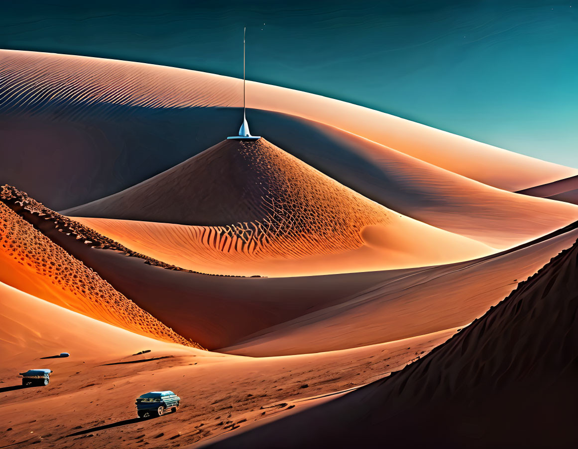 High-contrast surreal desert landscape with sand dunes, futuristic tower, and vehicles