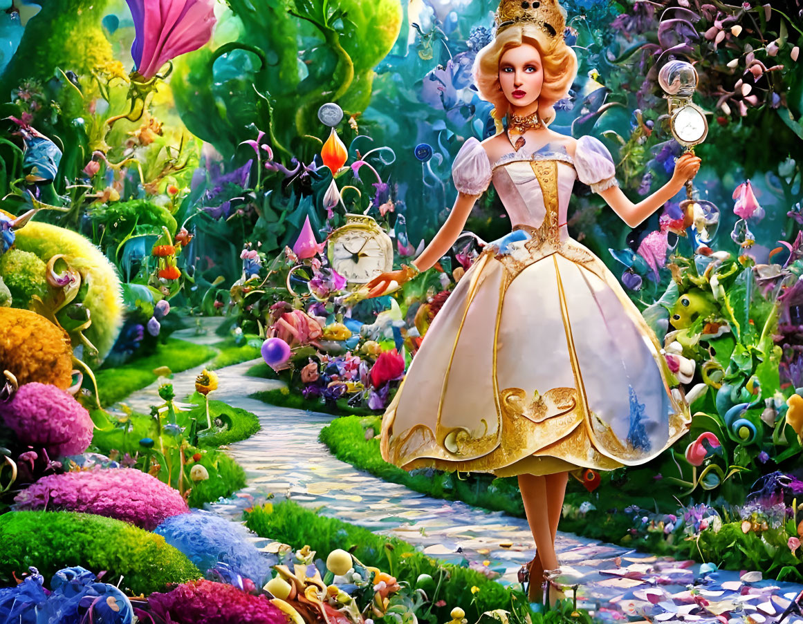 Whimsical Alice in Wonderland-themed woman illustration in colorful garden