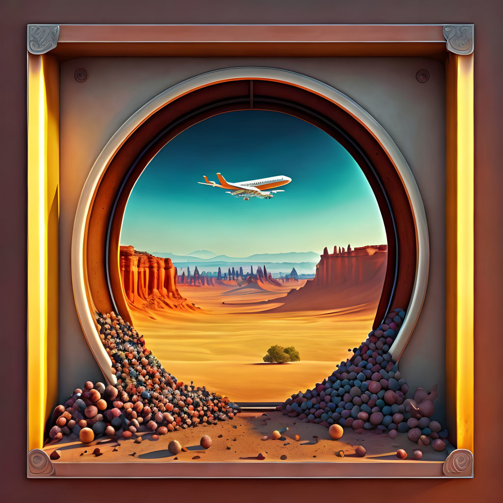 Airplane seen through porthole in surreal desert landscape