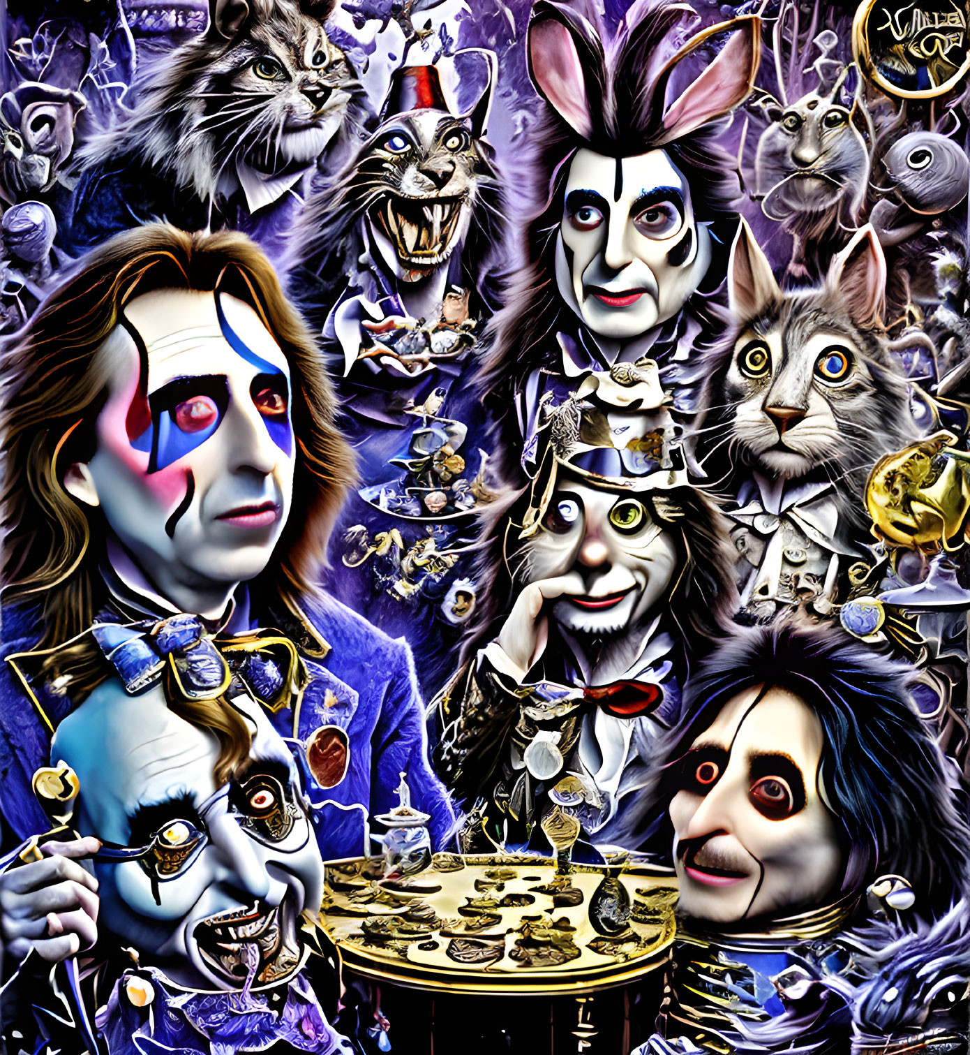 Surreal Alice in Wonderland characters with distorted faces and clocks