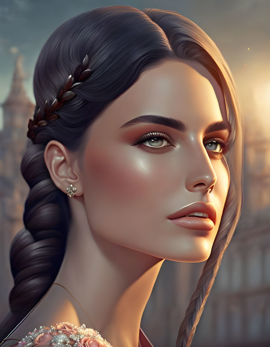 Digital artwork: Woman with braided hairstyle, glowing skin, earrings, warm-toned blurred background