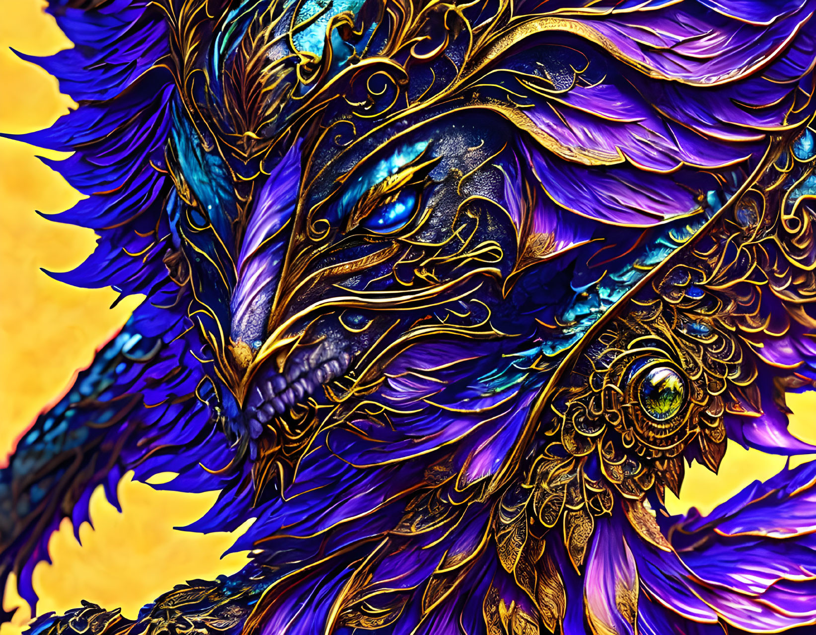 Colorful fantasy creature with gold and blue plumage and intricate details.