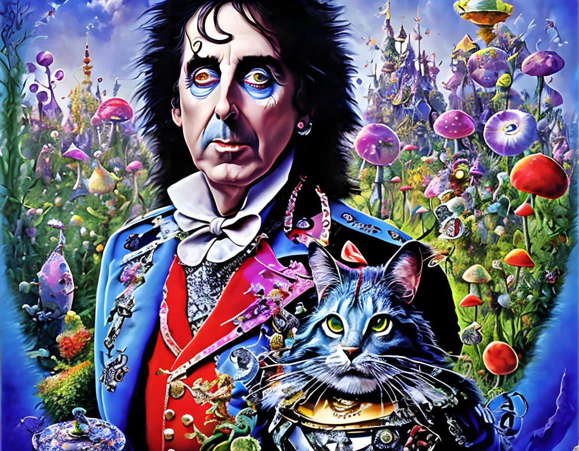 Vibrant illustration of man with dark hair in eccentric attire with cat in fantastical landscape