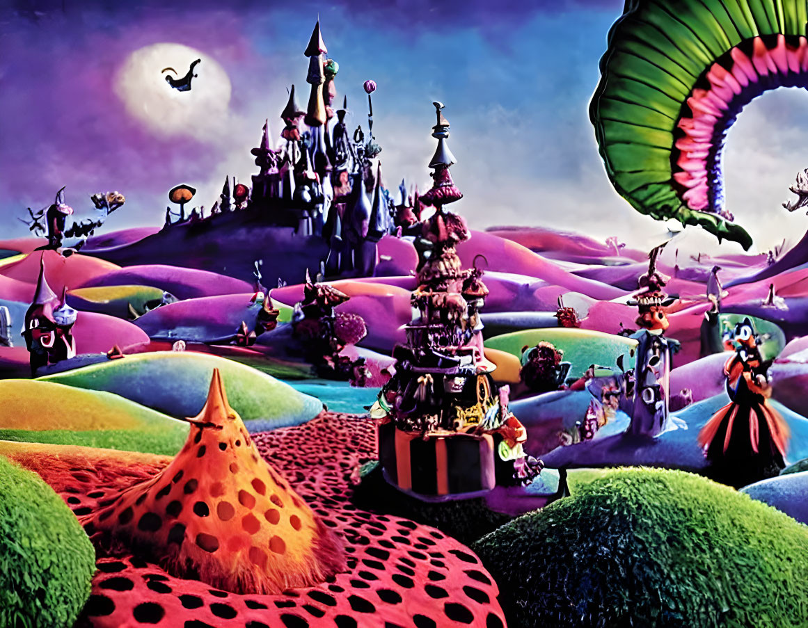 Colorful landscape with castle, creatures, and trumpet-shaped plant