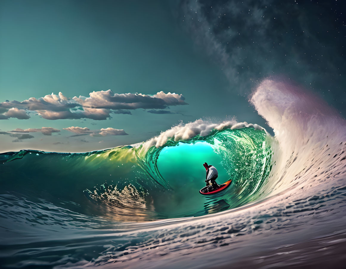 Surfer riding large wave at sunset under starry sky