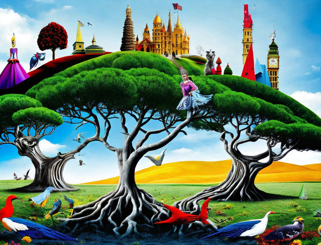 Surreal landscape with iconic buildings, oversized trees, and whimsical characters