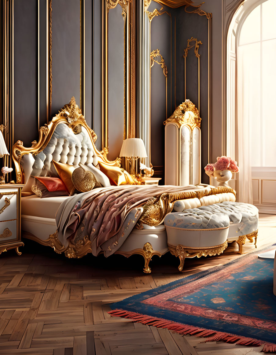 Luxurious Golden-Trimmed Bedroom with Plush Cushions and Elegant Lamps