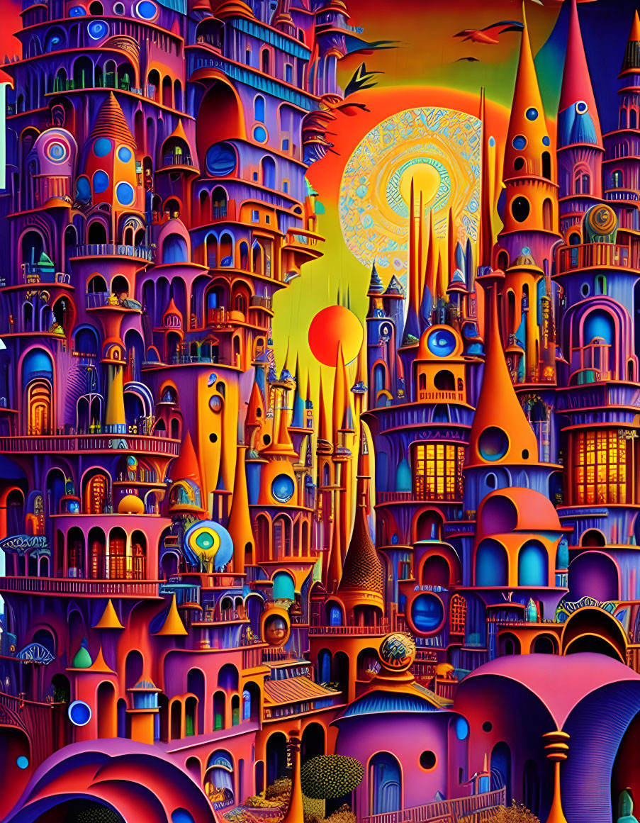 Fantastical cityscape with glowing sun and vivid colors