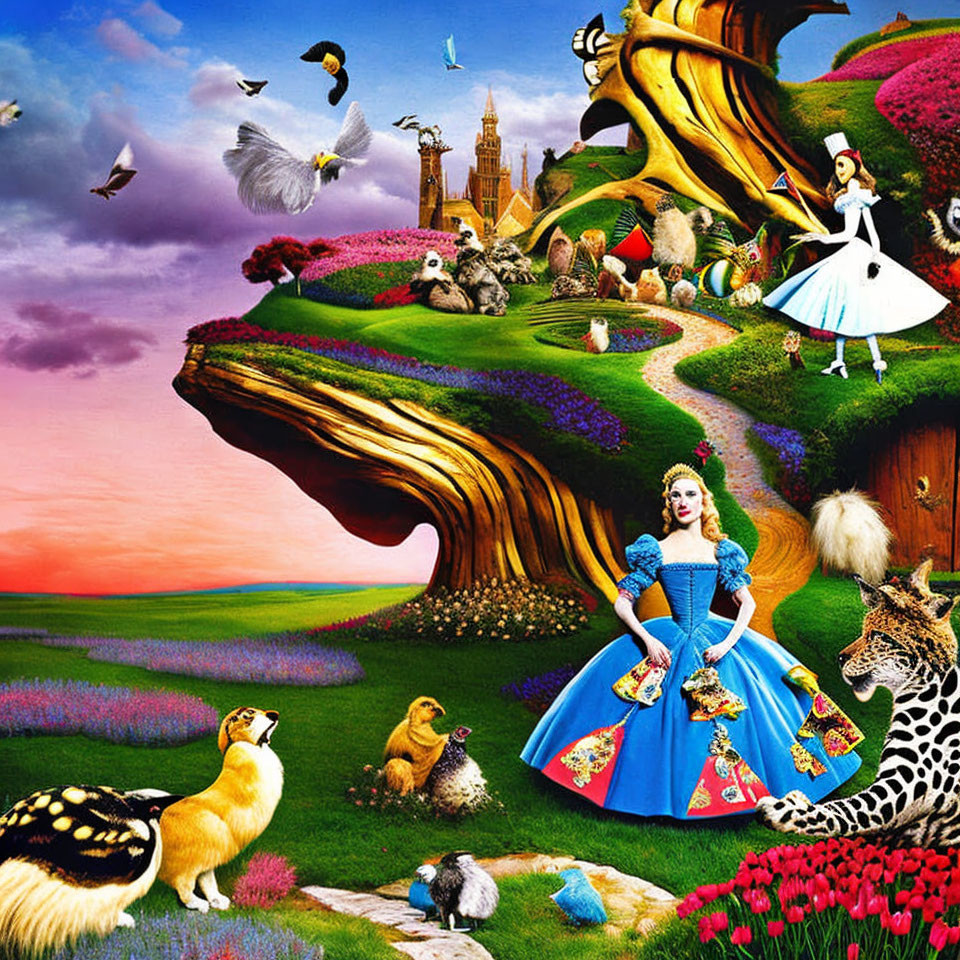 Colorful Alice in Wonderland-themed fantasy scene with whimsical animals and castle