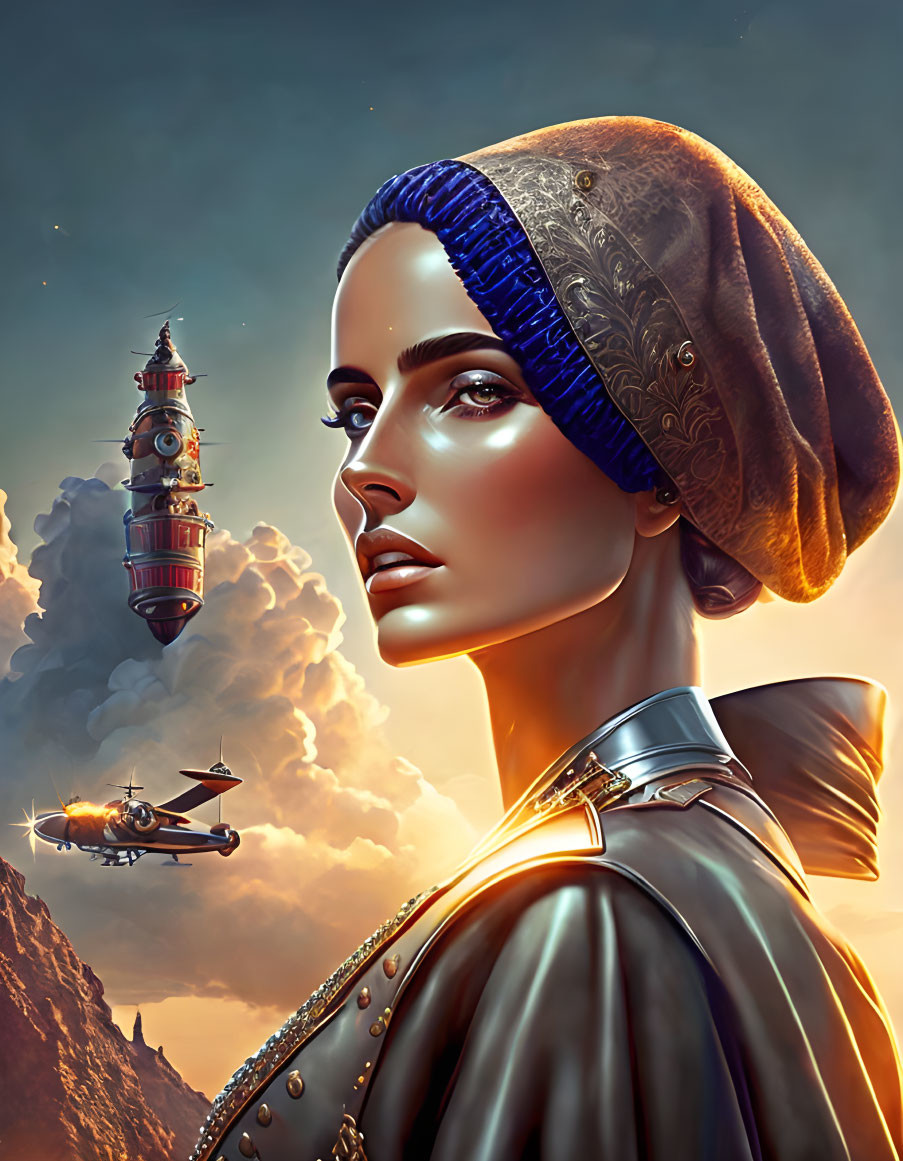 Fantasy steampunk illustration with woman, ship, and aircraft