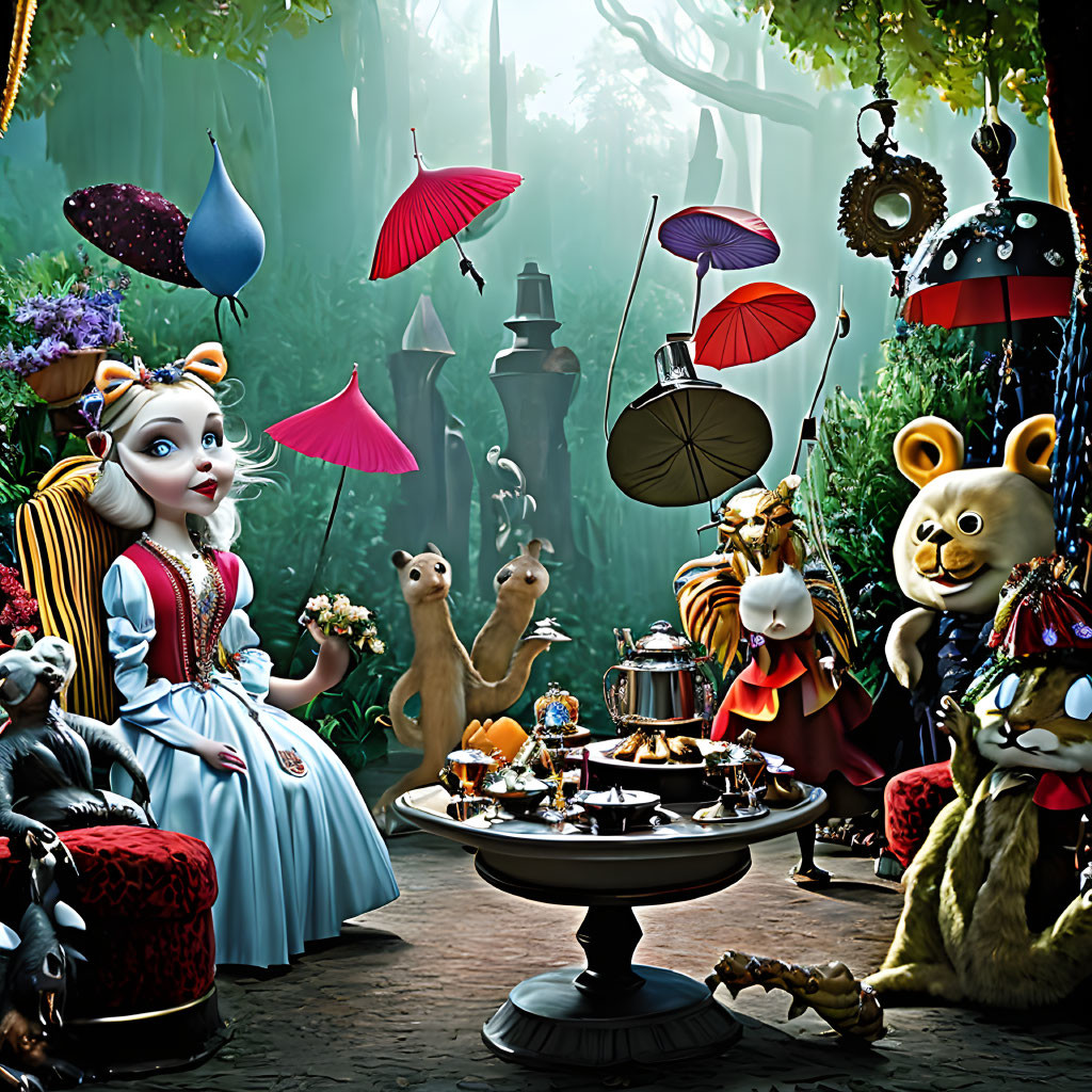 Enchanting forest tea party with anthropomorphic animals and floating umbrellas