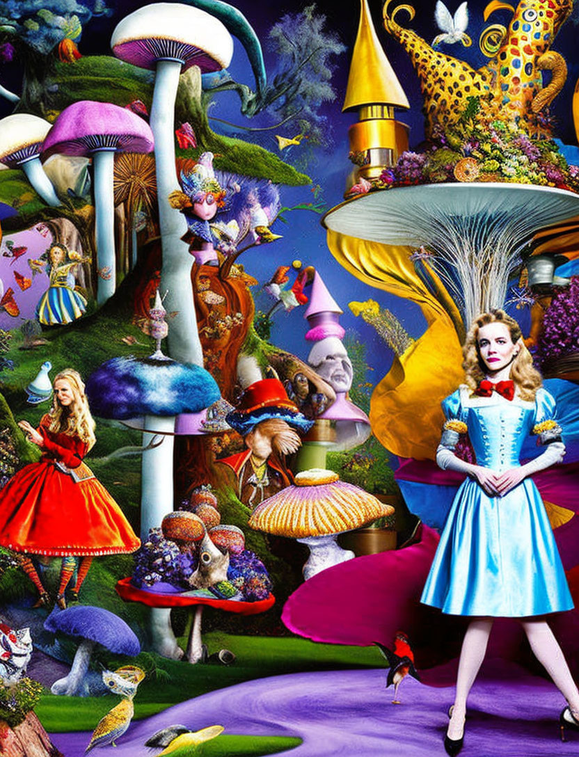 Colorful Alice in Wonderland-themed woman among oversized mushrooms