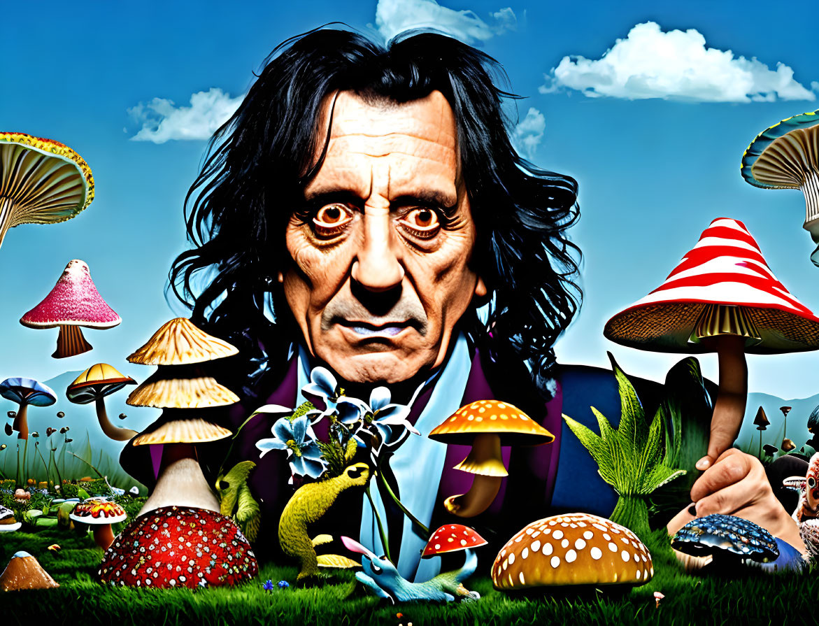 Exaggerated man caricature among colorful mushrooms under blue sky