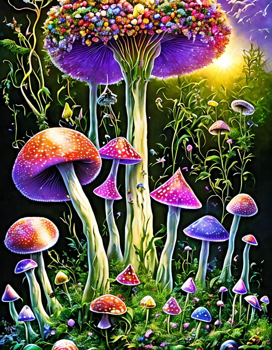 Colorful Fantasy Mushrooms with Ethereal Glow on Dark Background