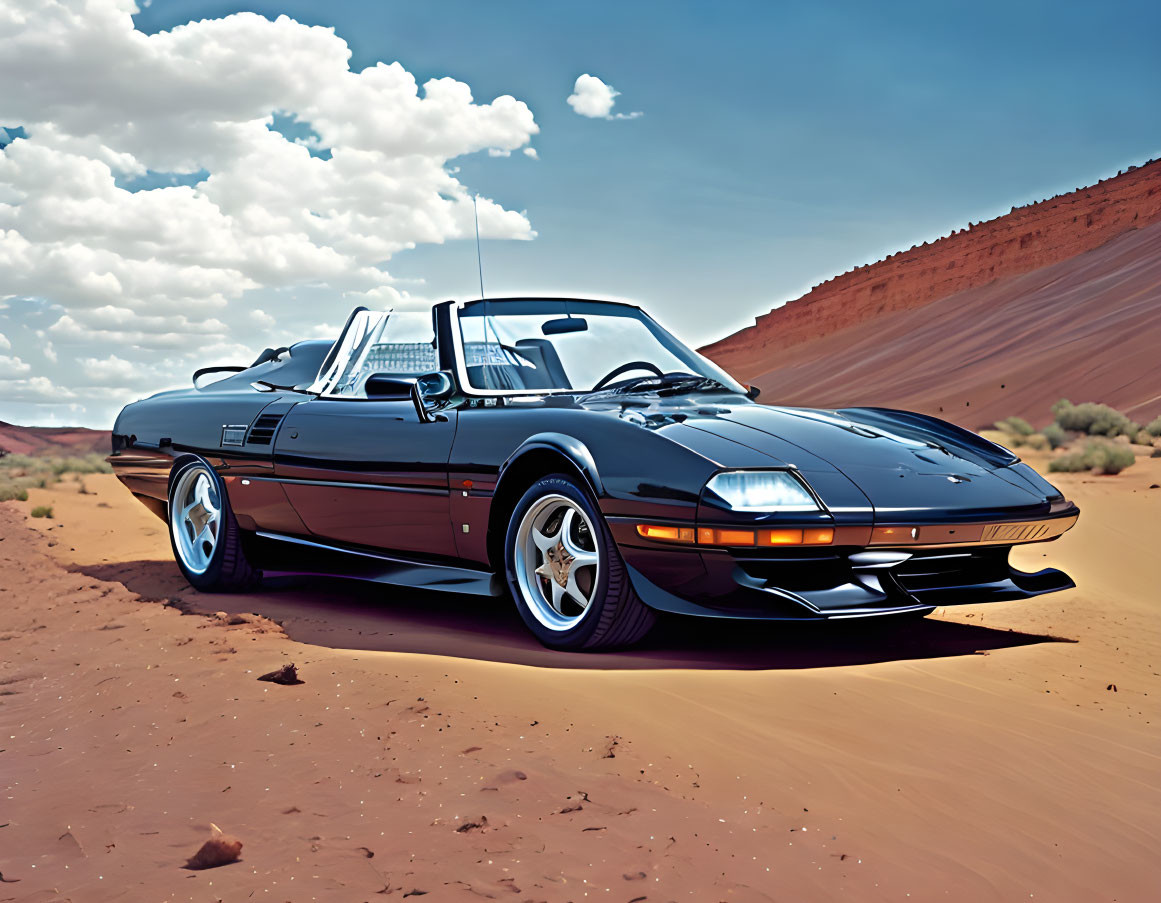 Vintage black convertible sports car in desert landscape