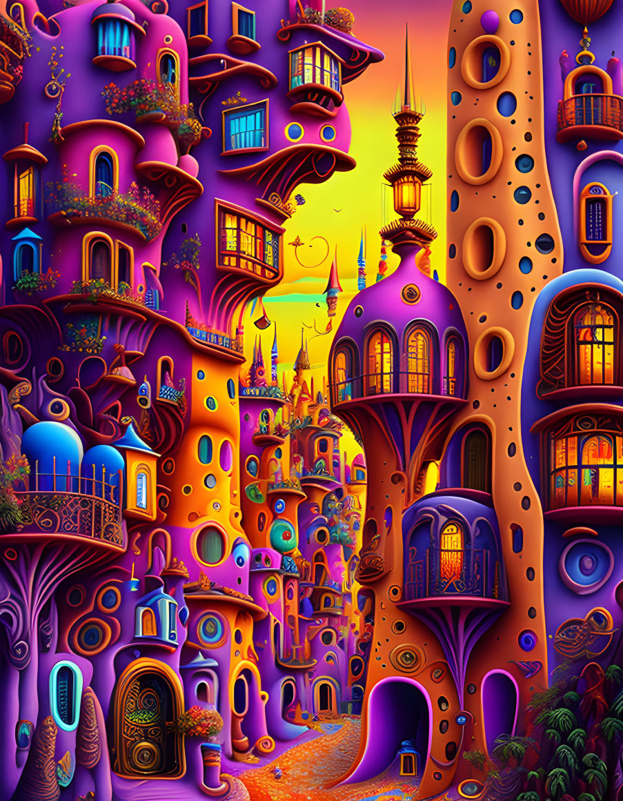 Colorful Fantasy Cityscape with Whimsical Purple, Orange, and Blue Buildings