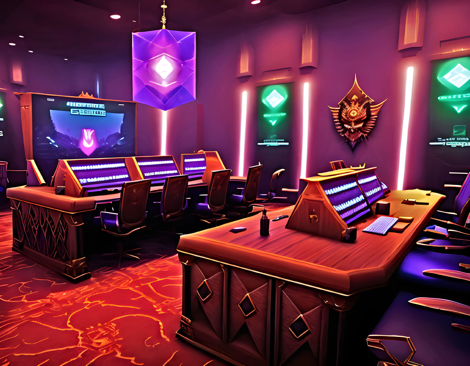 Neon-lit futuristic gaming room with high-end setups