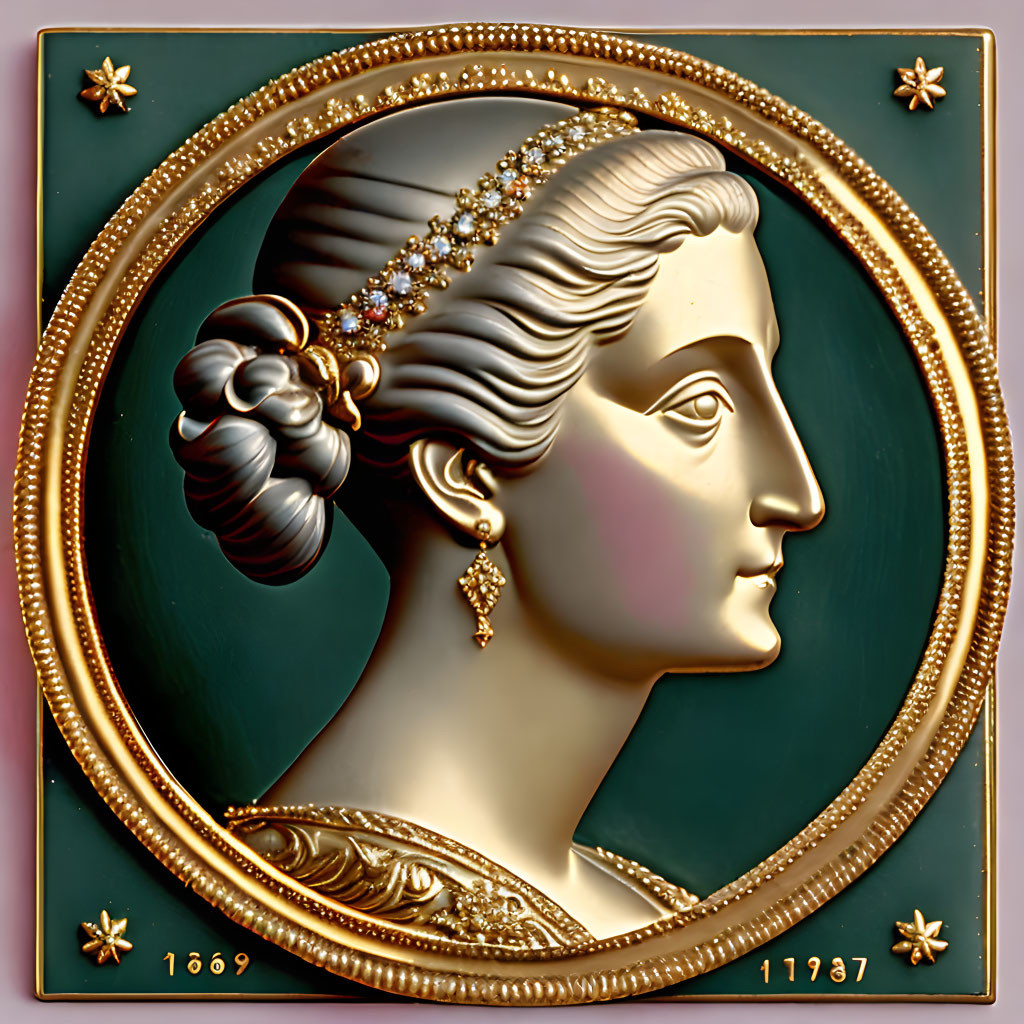 Classical female profile bas-relief with ornate jewelry on jade green background