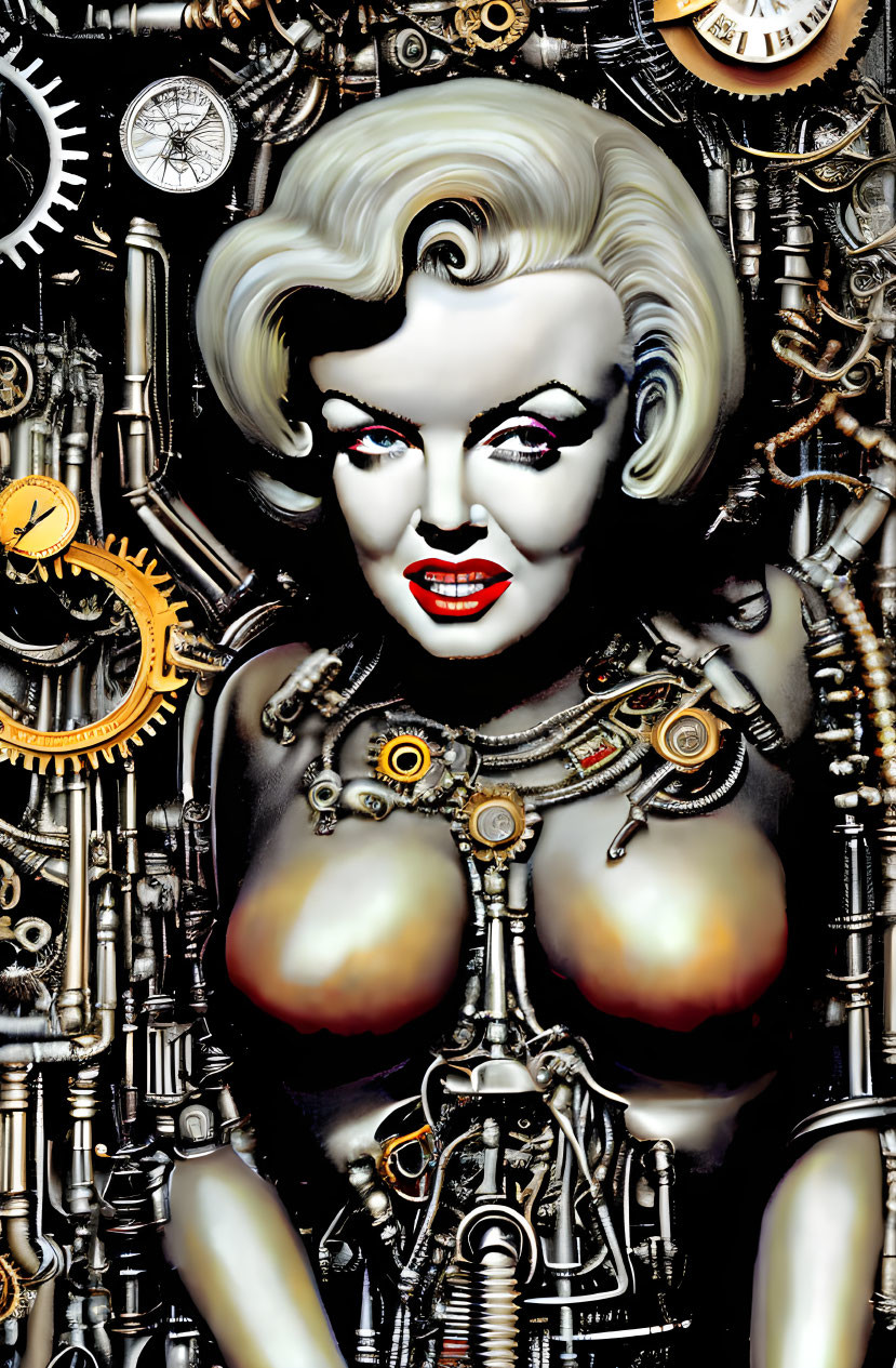 Female robotic figure with Marilyn Monroe features and golden gears in background