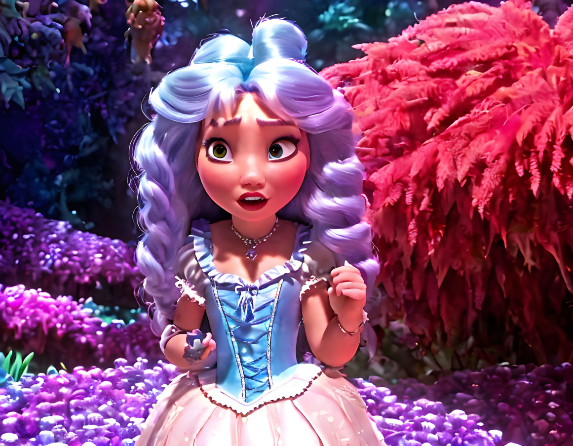 Blue-haired character in pigtails with pearl necklace, corset dress, in vibrant forest.