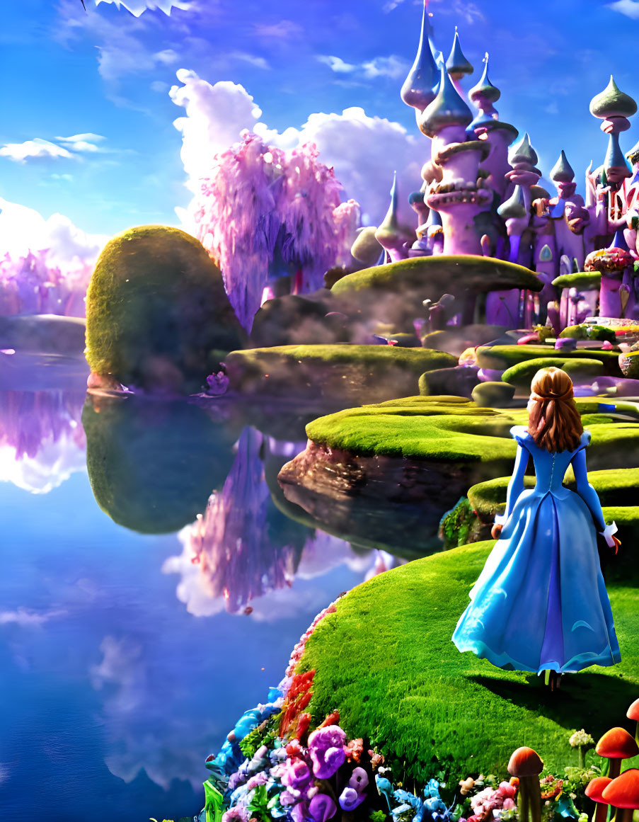 Young girl in blue dress gazes at vibrant fantasy landscape