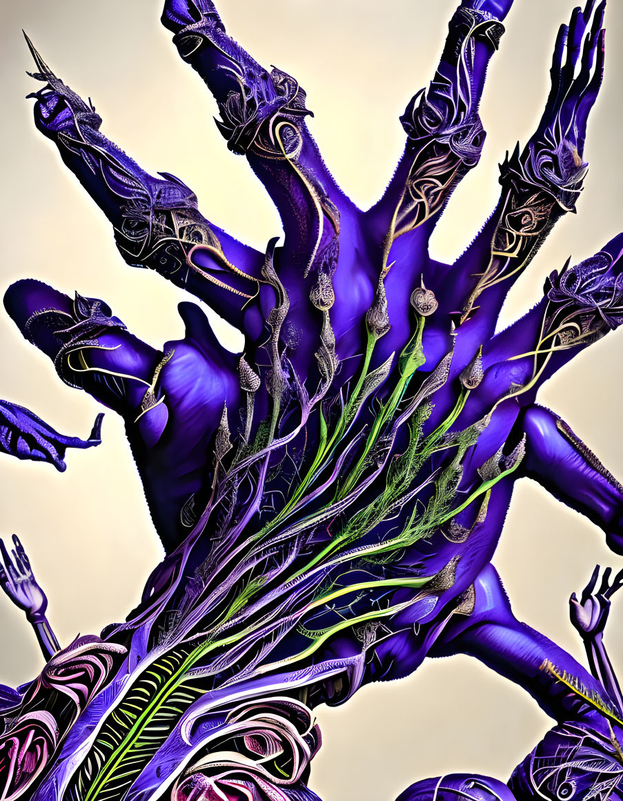 Vibrant digital artwork: Twisted purple tendrils with neon patterns