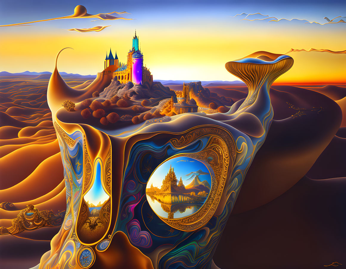 Vibrant surreal landscape with castle, fluid shapes, and reflective surfaces