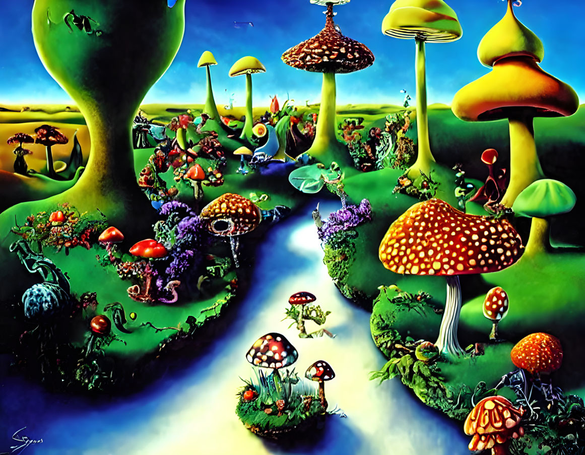 Colorful Mushroom Landscape Against Blue Sky