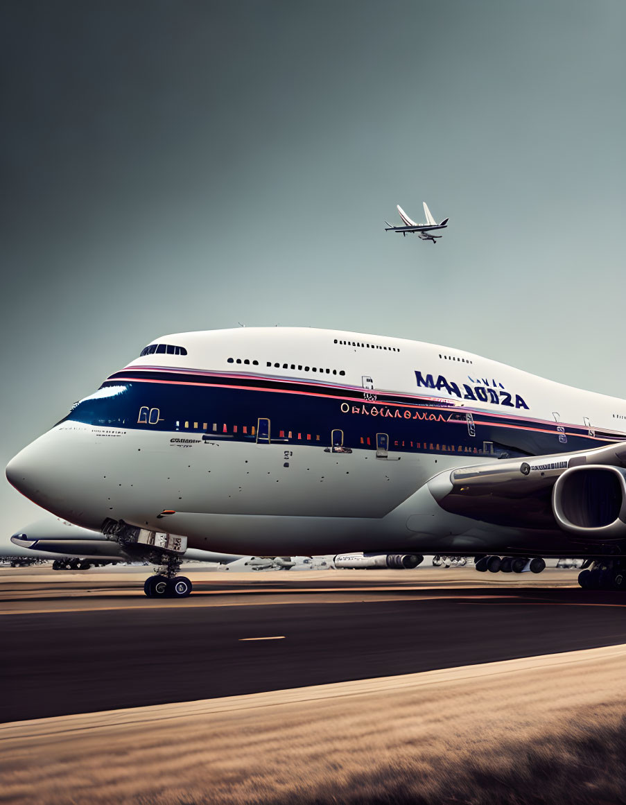 Commercial airplane on runway with flying aircraft in background