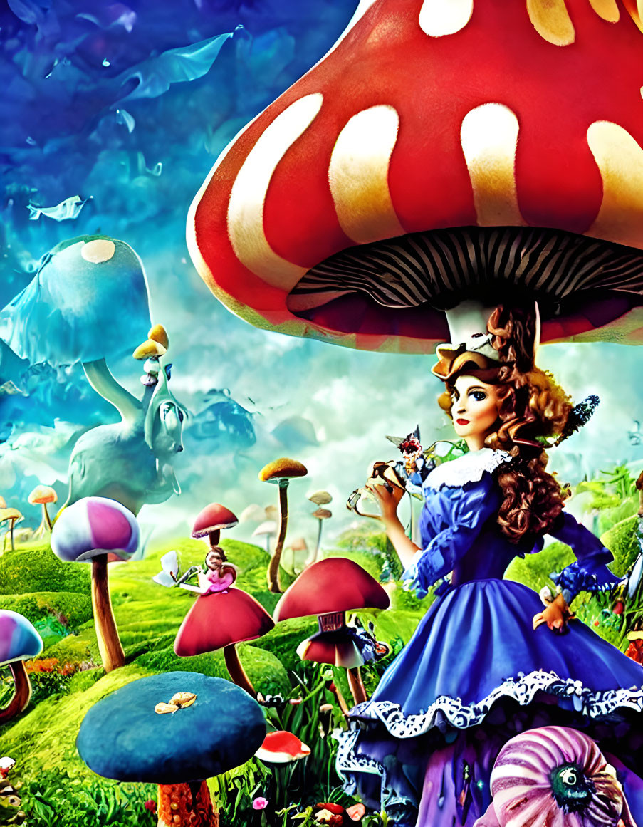 Fantastical woman in blue dress with whimsical creature and oversized mushrooms in vibrant landscape