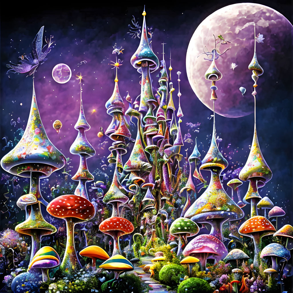 Colorful fantasy landscape with mushroom structures and moonlit sky