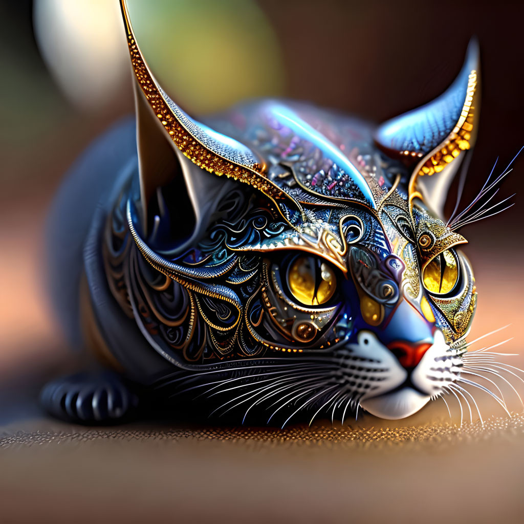 Detailed digital artwork: Fantastical cat with ornate metallic designs, gold and blue eyes.