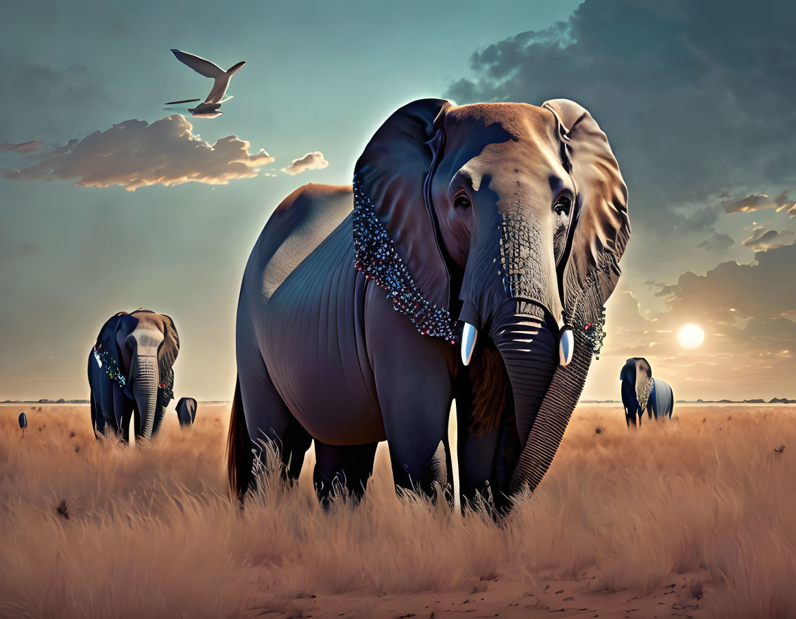 Three elephants adorned with beads in savanna at sunset with flying bird overhead.