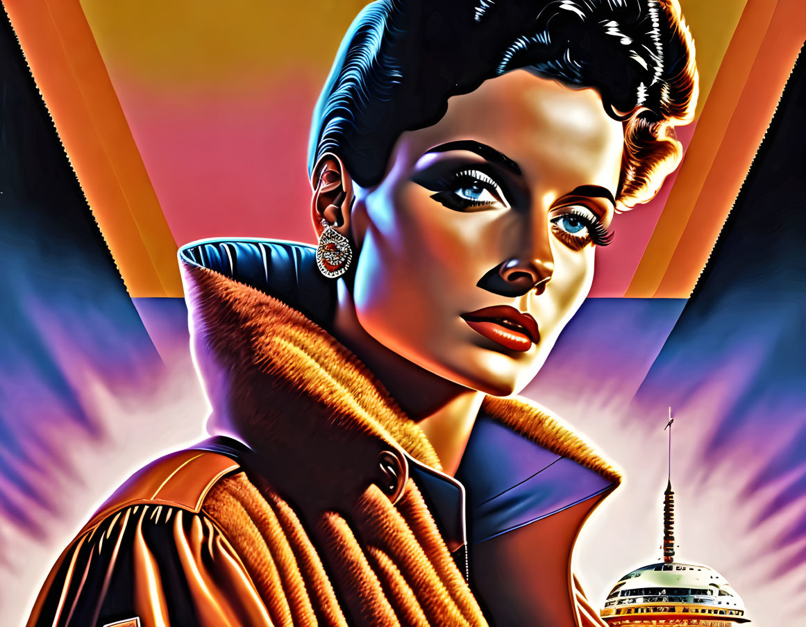 Retro stylized image of a woman with fur collar, vibrant colors, and art deco tower background