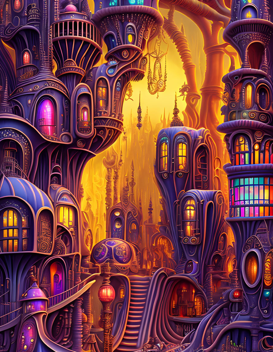 Whimsical cityscape with vibrant buildings under orange and purple sky