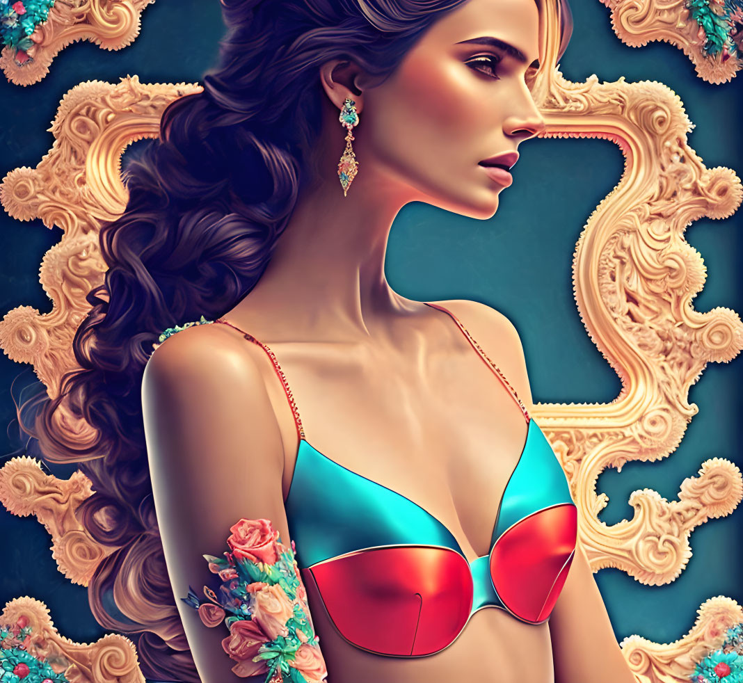 Digital artwork featuring woman with long hair, ornate earrings, and colorful bikini top on teal background