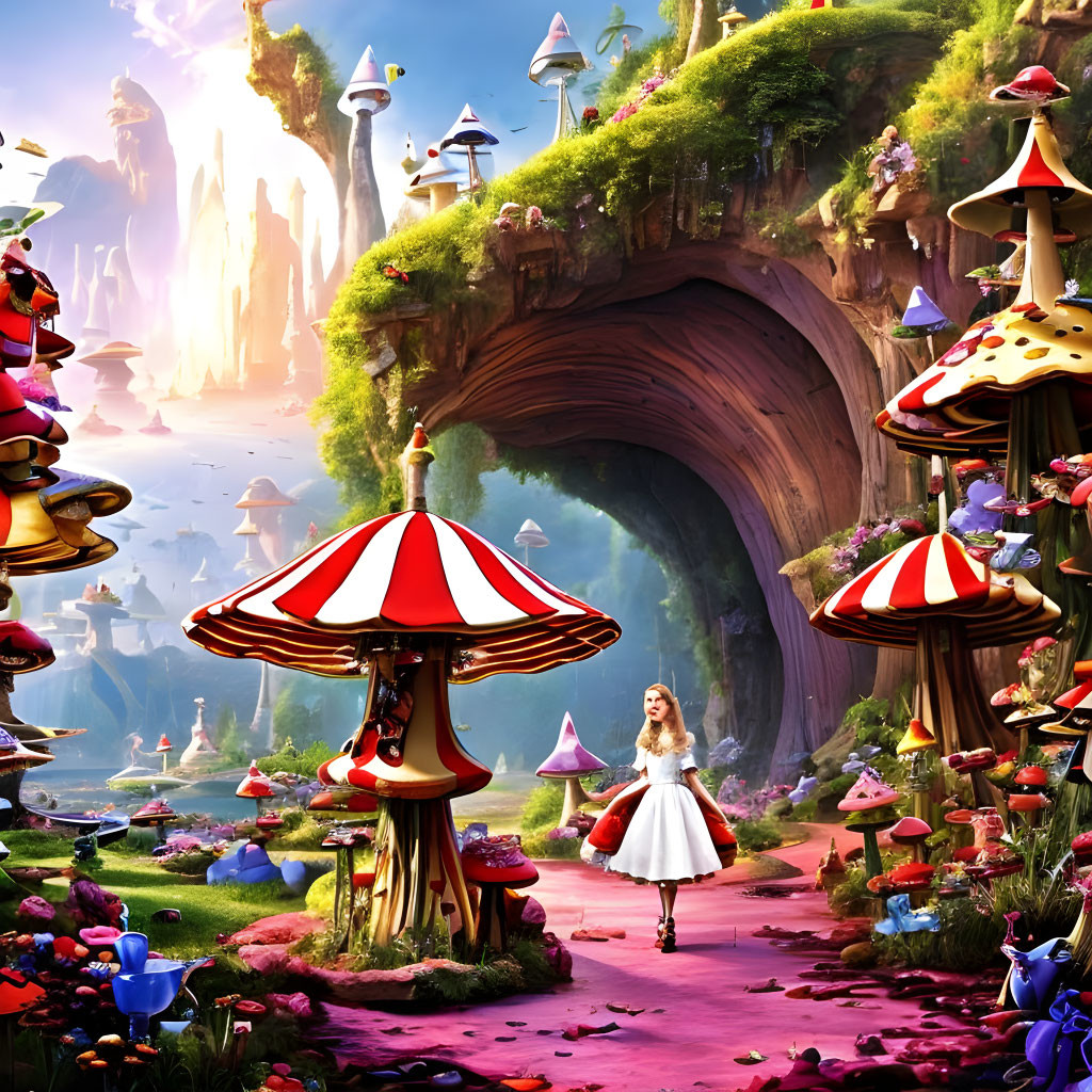 Colorful Mushroom Landscape with Girl on Pink Path